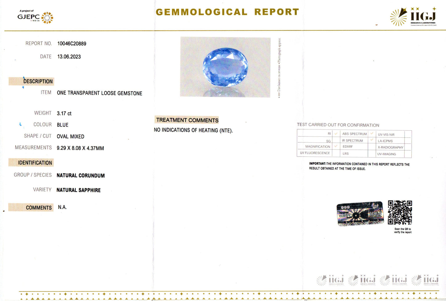 Blue Sapphire - 3.17 Carats (Neelam - 3.46 Ratti)
