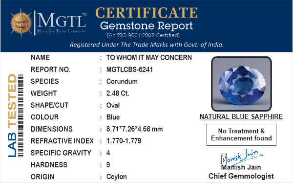 Blue Sapphire - 2.48 Carats (Neelam - 2.70 Ratti)