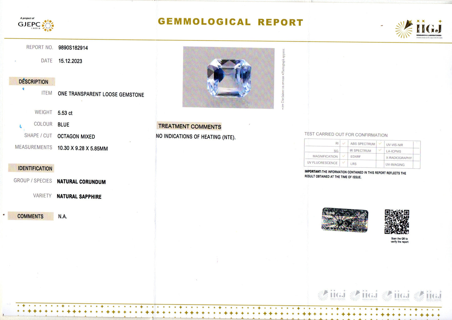 5.53 Carats Octagon Blue Sapphire