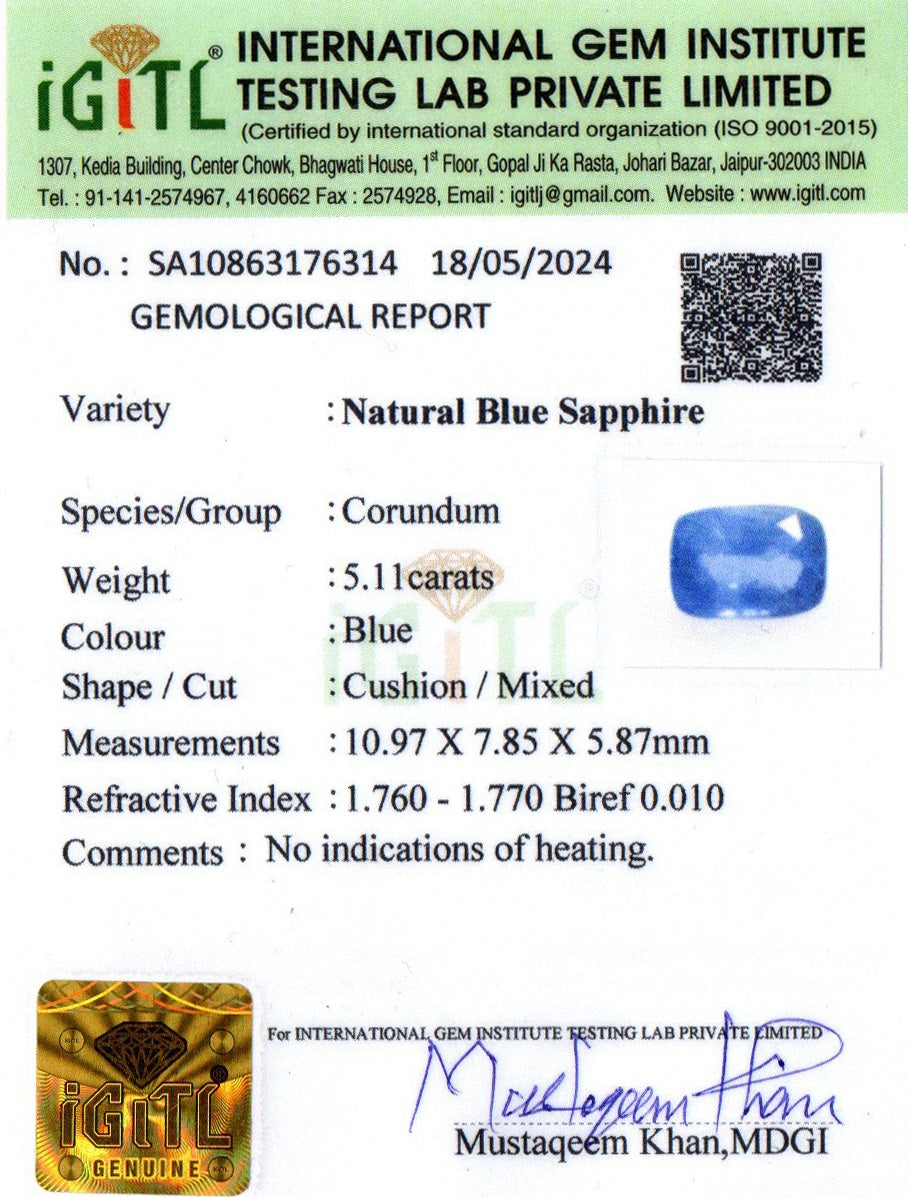 Blue Sapphire - 5.11 Carats (Neelam - 5.57 Ratti)