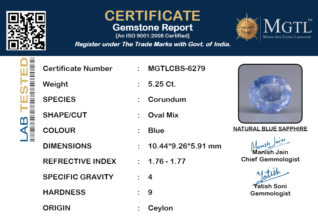 Blue Sapphire - 5.25 Carats (Neelam - 5.72 Ratti)