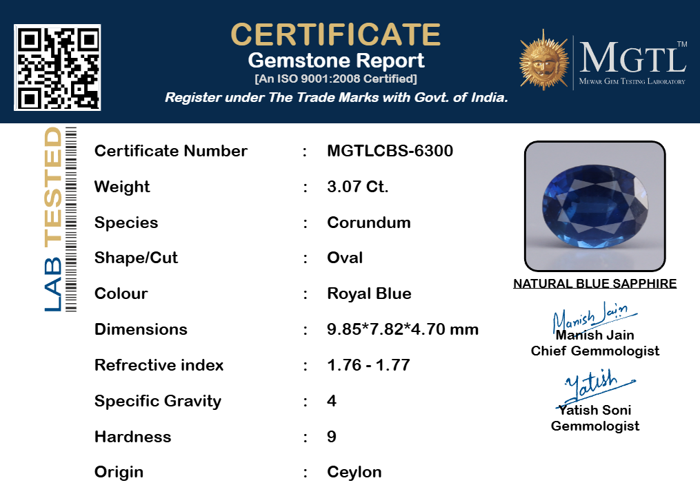 Blue Sapphire - 3.07 Carats (Neelam - 3.35 Ratti)