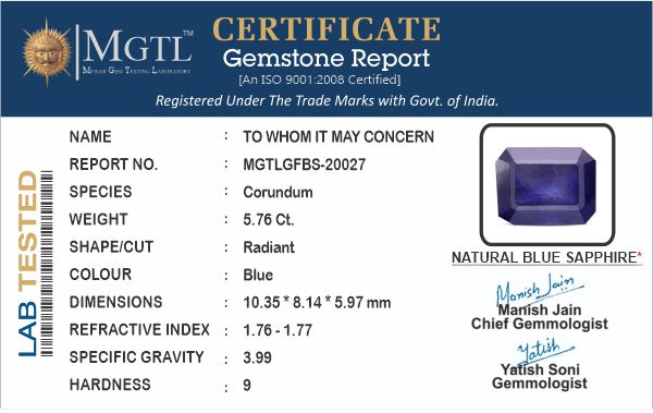 Blue Sapphire (Neelam) - 5.76 Carats