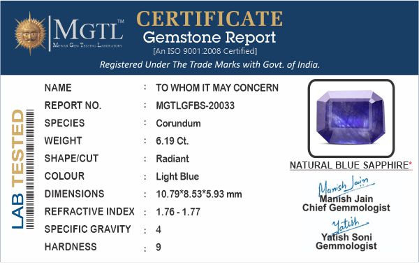 Blue Sapphire - 6.19 Carats (Neelam - 6.75 Ratti)