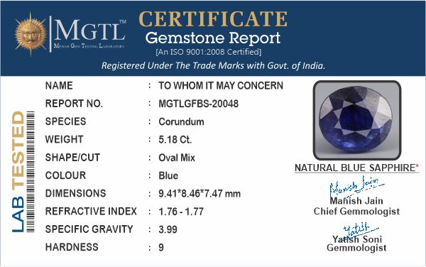 Blue Sapphire - 5.18 Carats (Neelam - 5.65 Ratti)