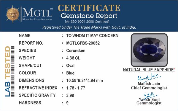 Blue Sapphire - 4.36 Carats (Neelam - 4.75 Ratti)