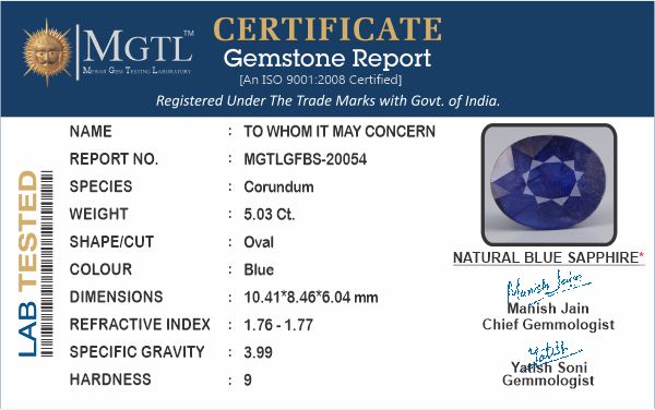 Blue Sapphire - 5.03 Carats (Neelam - 5.48 Ratti)