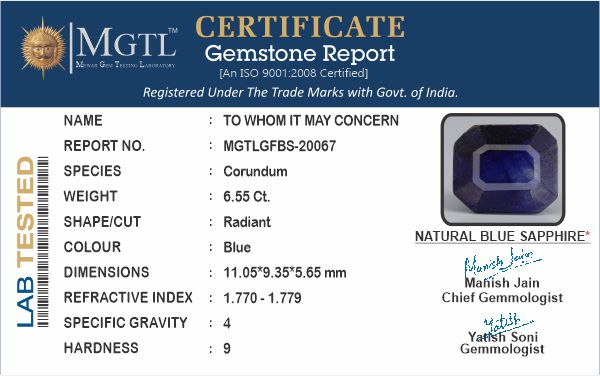 Blue Sapphire (Neelam) - 6.55 Carats