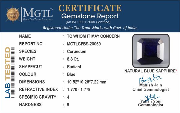 Blue Sapphire - 8.8 Carats (Neelam - 9.59 Ratti)