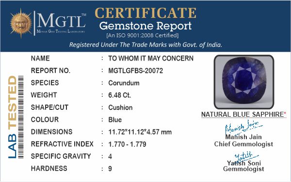 Blue Sapphire - 6.48 Carats (Neelam - 7.06 Ratti)