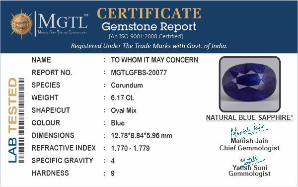 Blue Sapphire - 6.17 Carats (Neelam - 6.73 Ratti)