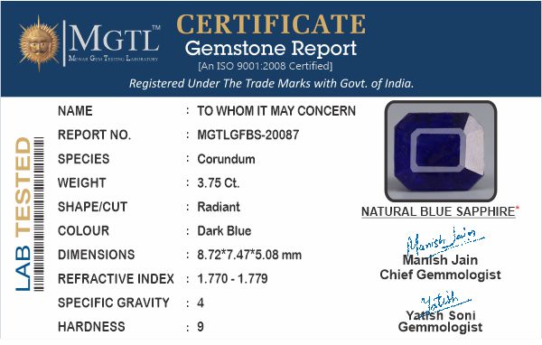 Blue Sapphire (Neelam) - 3.75 Carats