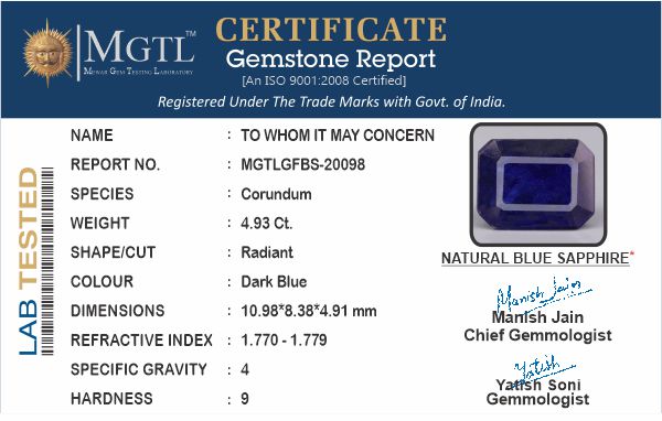 Blue Sapphire - 4.93 Carats (Neelam - 5.37 Ratti)