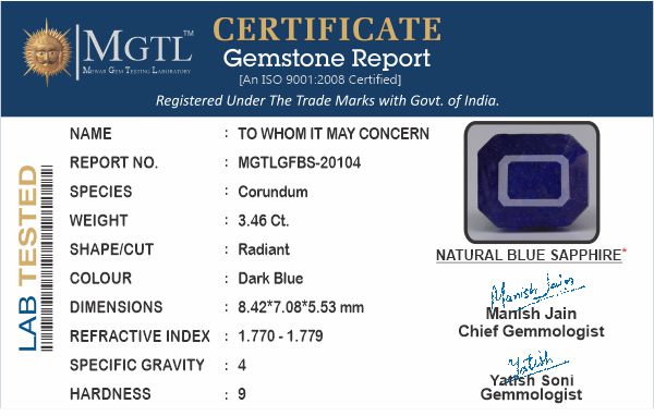 Blue Sapphire - 3.46 Carats (Neelam - 3.77 Ratti)