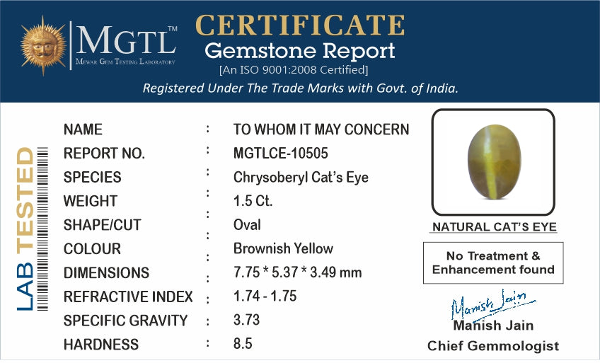 Cat's Eye - 1.50 Carats (Lahsuniya - 1.64 Ratti)