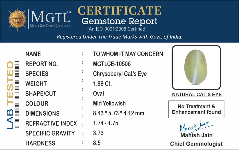Cat's Eye - 1.99 Carats (Lahsuniya - 2.17 Ratti)