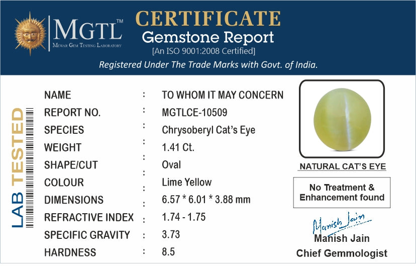 Cat's Eye - 1.41 Carats (Lahsuniya - 1.54 Ratti)