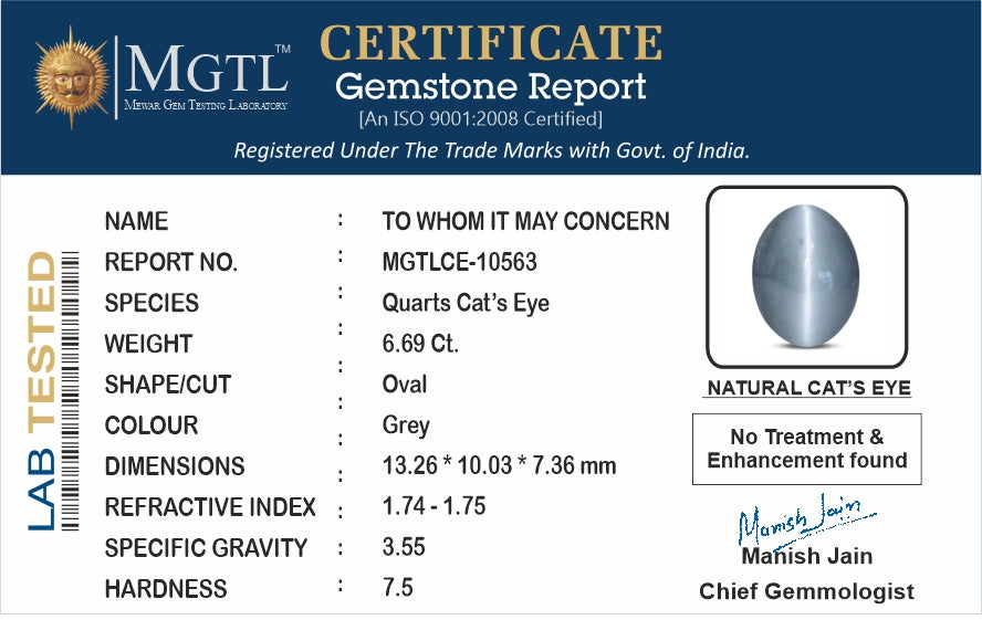 Cat's Eye - 6.69 Carats (Lahsuniya - 7.29 Ratti)