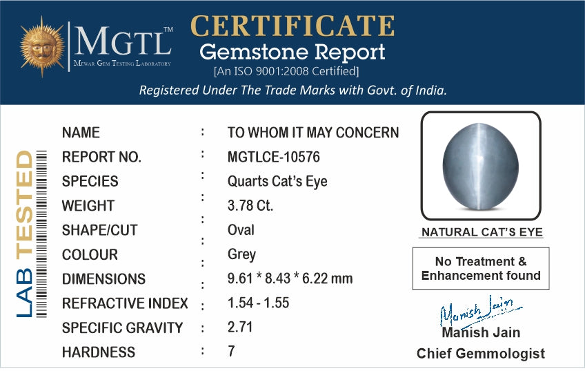 Cat's Eye - 3.78 Carats (Lahsuniya - 4.12 Ratti)