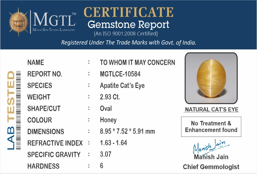 Cat's Eye - 2.93 Carats (Lahsuniya - 3.19 Ratti)
