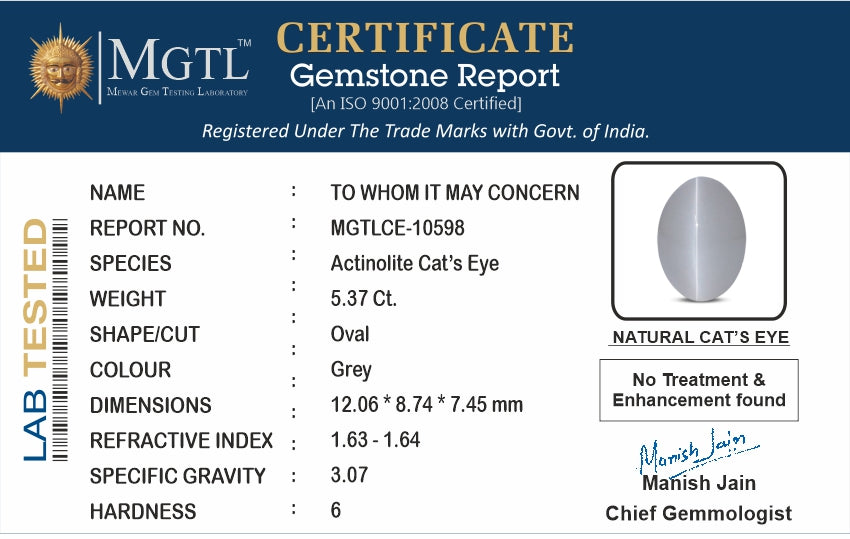 Cat's Eye - 5.37 Carats (Lahsuniya - 5.85 Ratti)