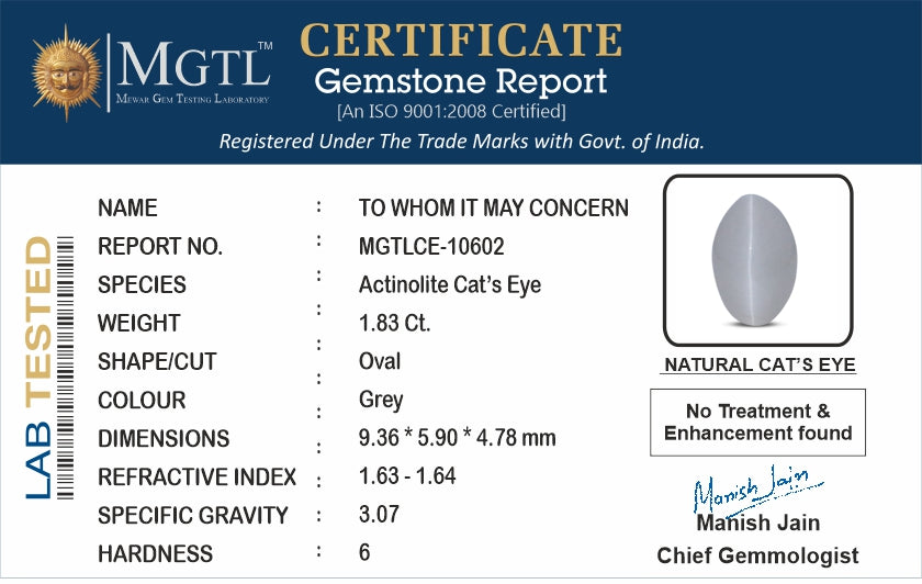 Cat's Eye - 1.83 Carats (Lahsuniya - 1.99 Ratti)