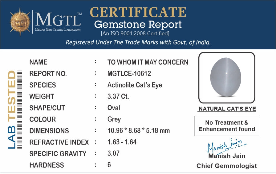 Cat's Eye - 3.37 Carats (Lahsuniya - 3.67 Ratti)