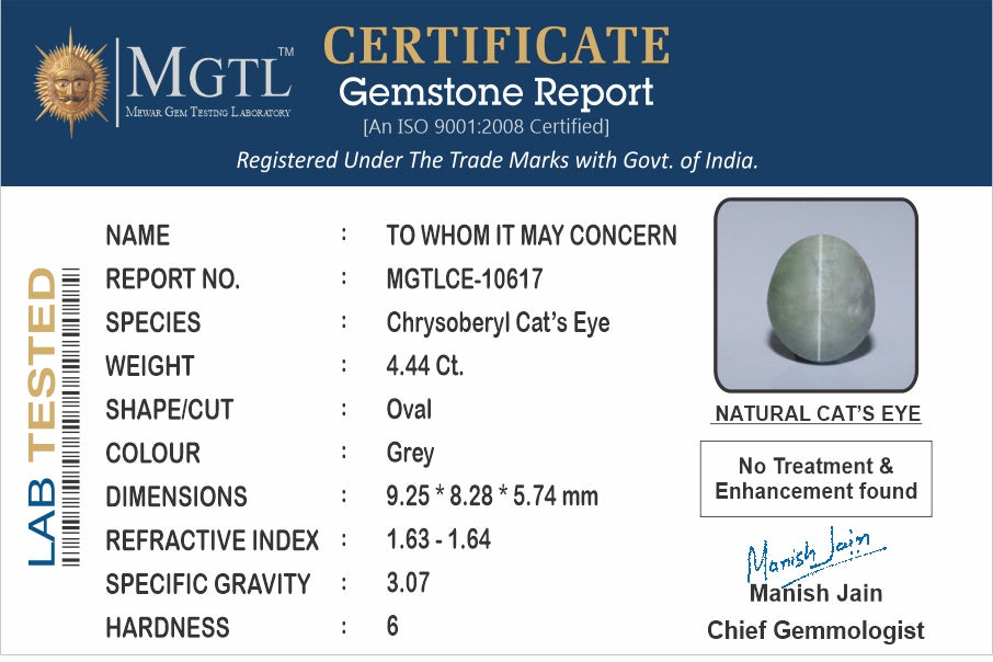 Cat's Eye - 4.44 Carats (Lahsuniya - 4.84 Ratti)