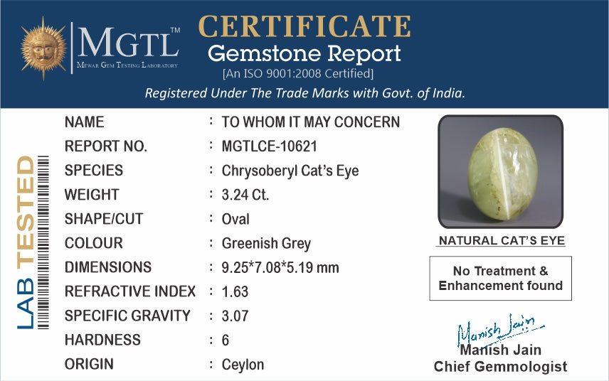 Cat's Eye - 3.24 Carats (Lahsuniya - 3.53 Ratti)