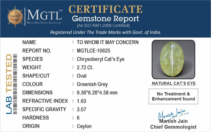 Cat's Eye - 2.72 Carats (Lahsuniya - 2.96 Ratti)