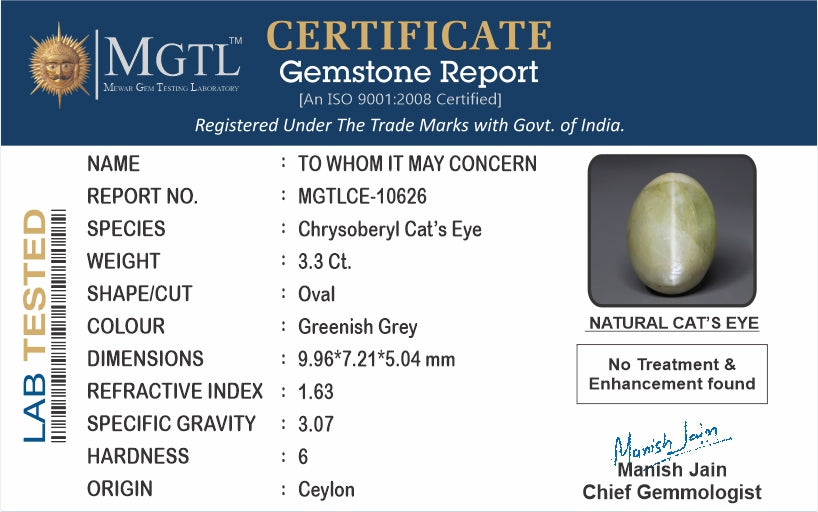 Cats Eye (Lehsunia) - 3.30 Carats