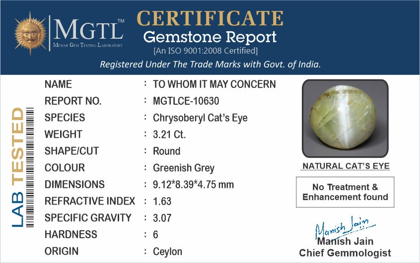 Cat's Eye - 3.21 Carats (Lahsuniya - 3.50 Ratti)