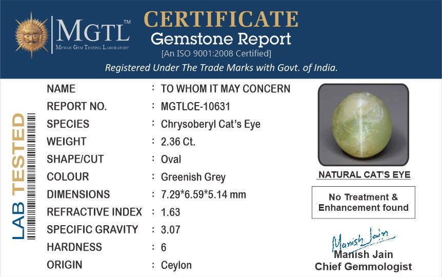 Cat's Eye - 2.36 Carats (Lahsuniya - 2.57 Ratti)
