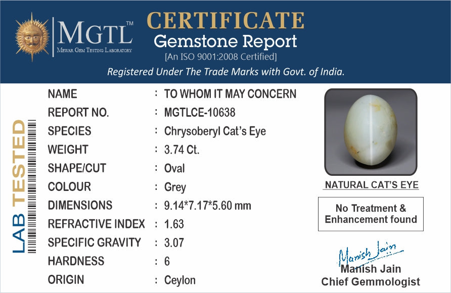 Cats Eye (Lehsunia) - 3.74 Carats