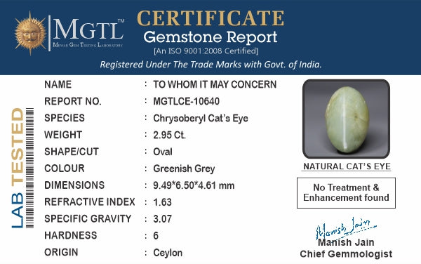 Cat's Eye - 2.95 Carats (Lahsuniya - 3.22 Ratti)