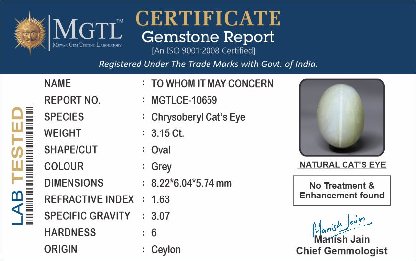 Cats Eye (Lehsunia) - 3.15 Carats
