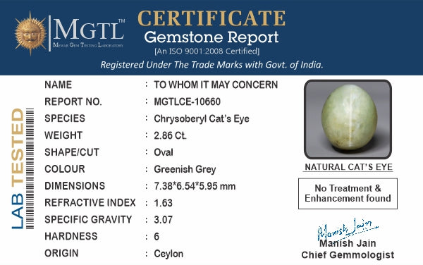 Cat's Eye - 2.86 Carats (Lahsuniya - 3.12 Ratti)