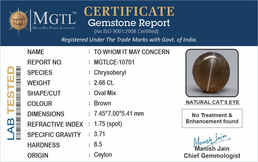 Cat's Eye - 2.66 Carats (Lahsuniya - 2.90 Ratti)