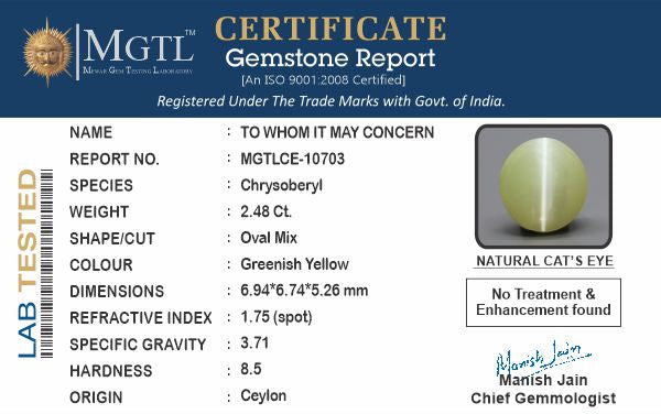 Cats Eye (Lehsunia) - 2.48 Carats