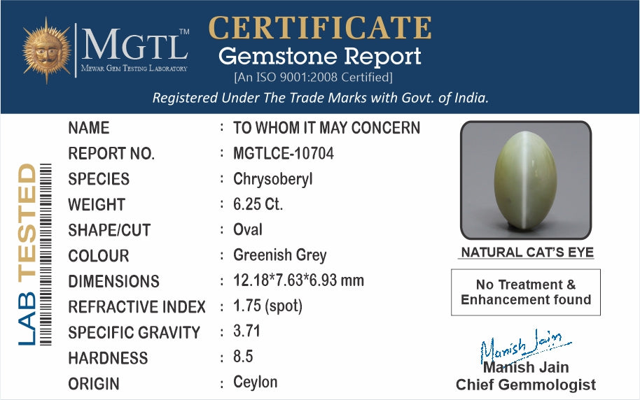 Cats Eye (Lehsunia) - 6.25 Carats