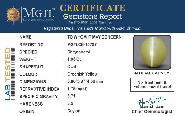 Cats Eye (Lehsunia) - 1.95 Carats