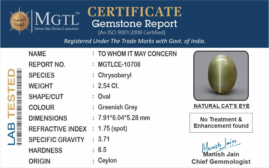 Cat's Eye - 2.54 Carats (Lahsuniya - 2.77 Ratti)