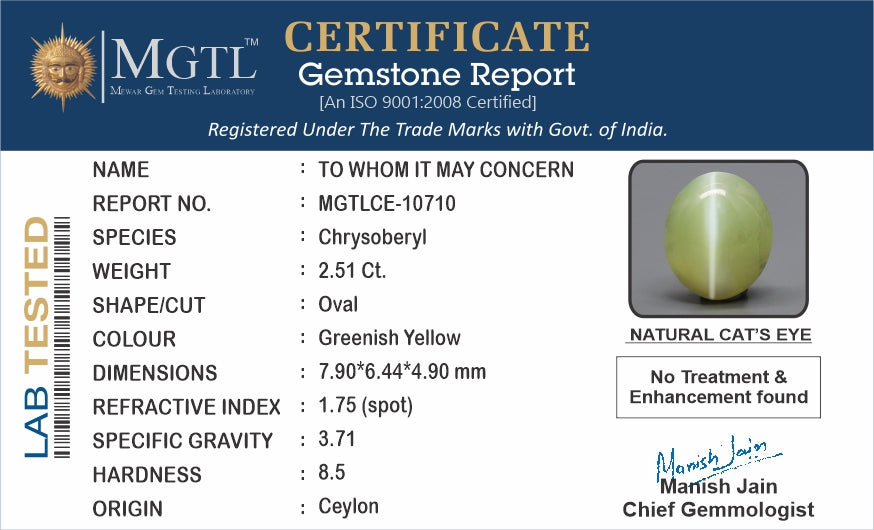 Cat's Eye - 2.51 Carats (Lahsuniya - 2.74 Ratti)