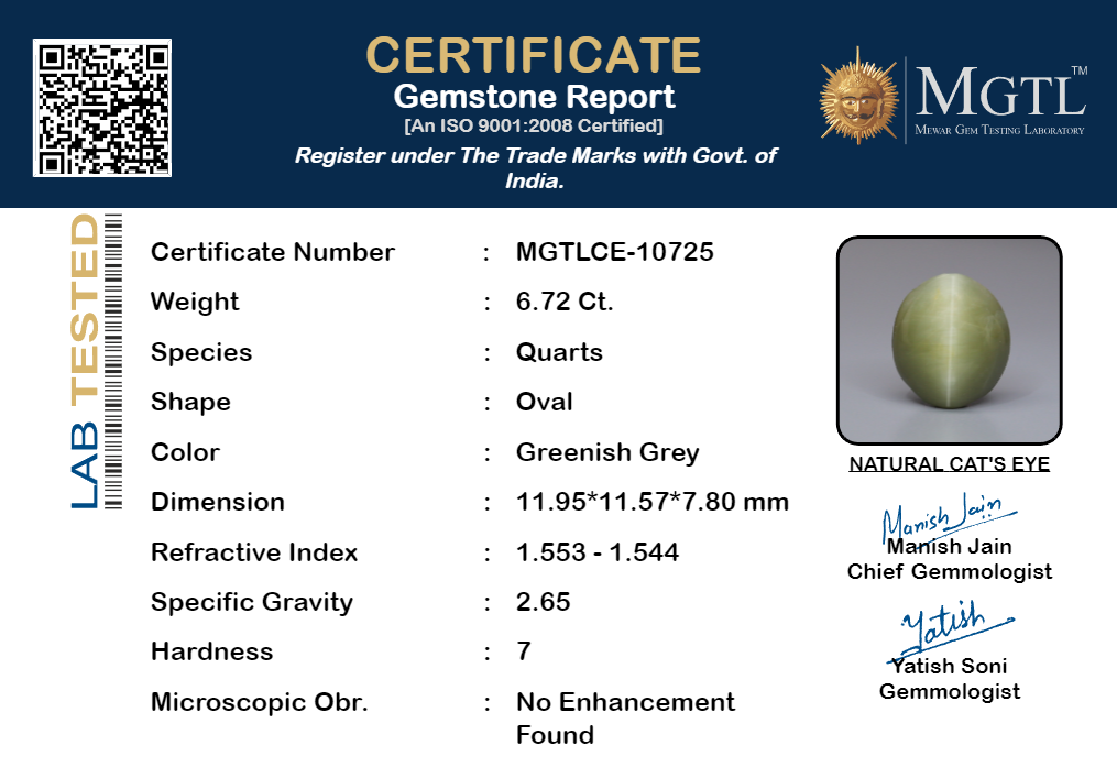 Cat's Eye - 6.72 Carats (Lahsuniya - 7.32 Ratti)