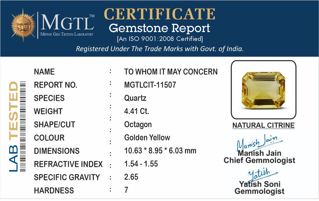 Citrine - 4.41 Carats (Sunela - 4.81 Ratti)