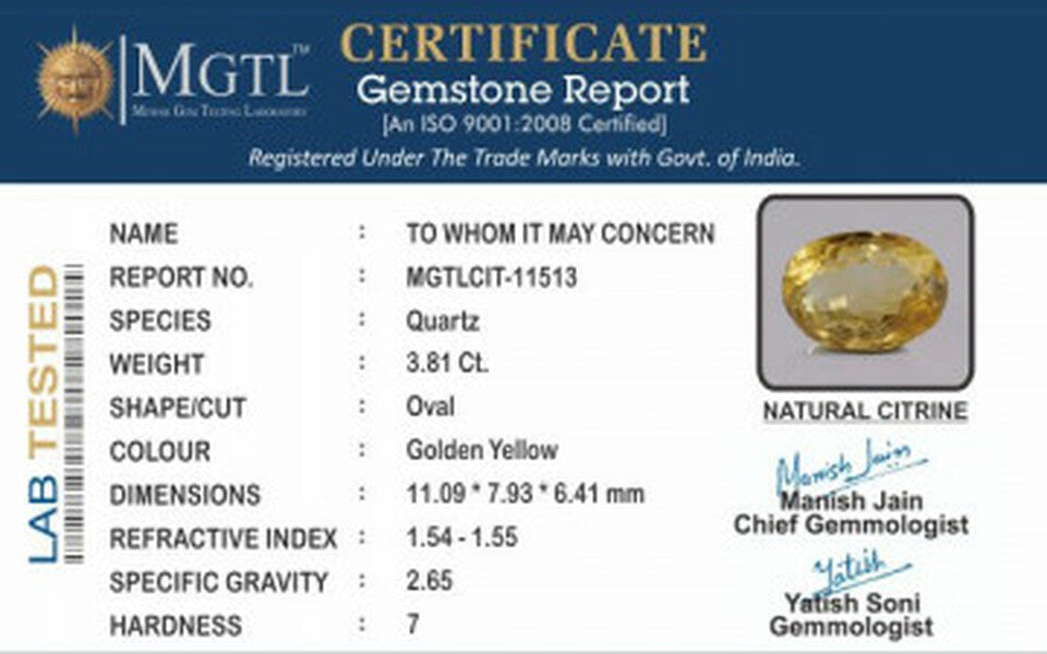 Citrine - 3.81 Carats (Sunela - 4.15 Ratti)