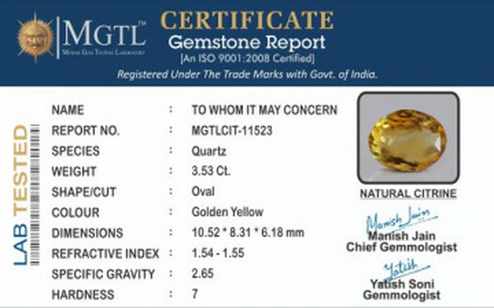 Citrine - 3.53 Carats (Sunela - 3.85 Ratti)