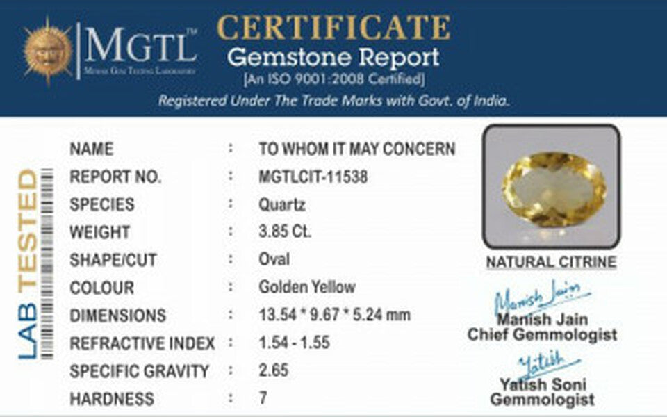 Citrine - 3.85 Carats (Sunela - 4.20 Ratti)