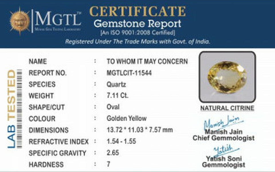 Citrine - 7.11 Carats (Sunela - 7.75 Ratti)