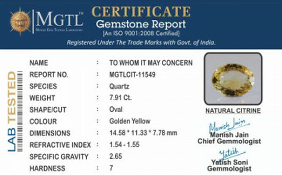 Citrine - 7.91 Carats (Sunela - 8.62 Ratti)
